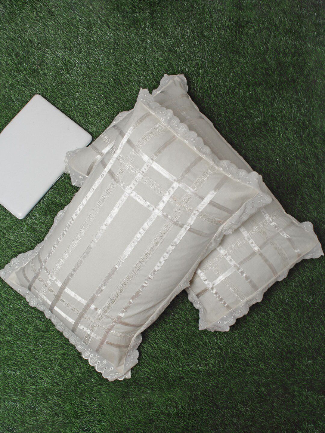 HOSTA HOMES Set Of 2 White 280 TC Embroidered Lace Pillow Covers