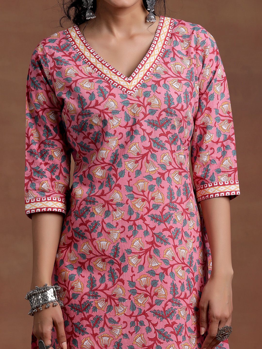 Libas V Neck Floral Printed Pure Cotton Straight Kurta with Patiala & Dupatta