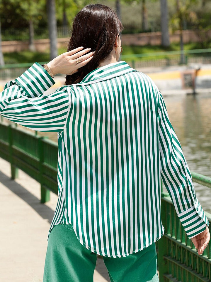 STREET 9 Green & White Comfort Opaque Striped Longline Casual Shirt