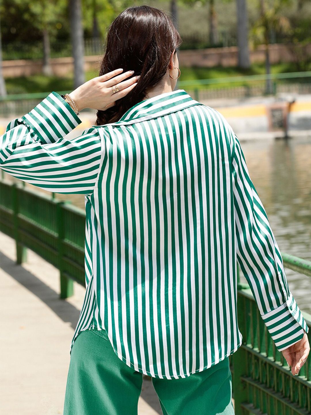 STREET 9 Green & White Comfort Opaque Striped Longline Casual Shirt