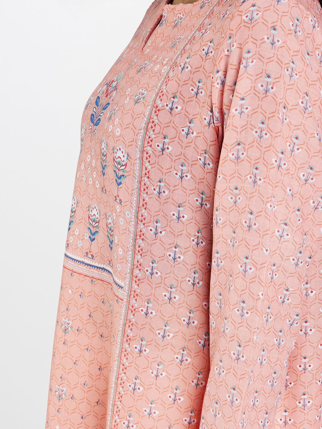 Global Desi Women Peach-Coloured & Blue Ethnic Motifs Printed Keyhole Neck Kurta