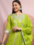 Vishudh Green Notch Neck Floral Embroidered Regular Pure Cotton Straight Kurta Set