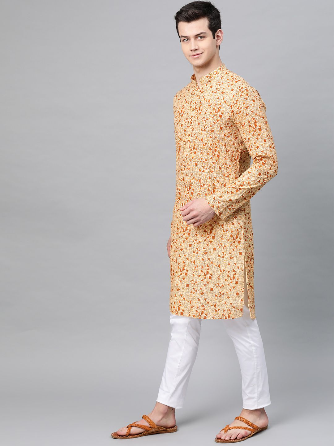 See Designs Men Cream-Coloured & Rust Orange Printed Straight Kurta