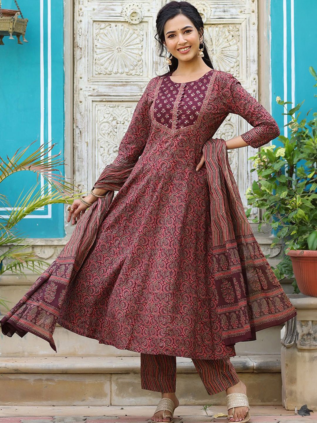 KALINI Ethnic Motifs Printed Empire Sequinned Kurta with Trousers & Dupatta