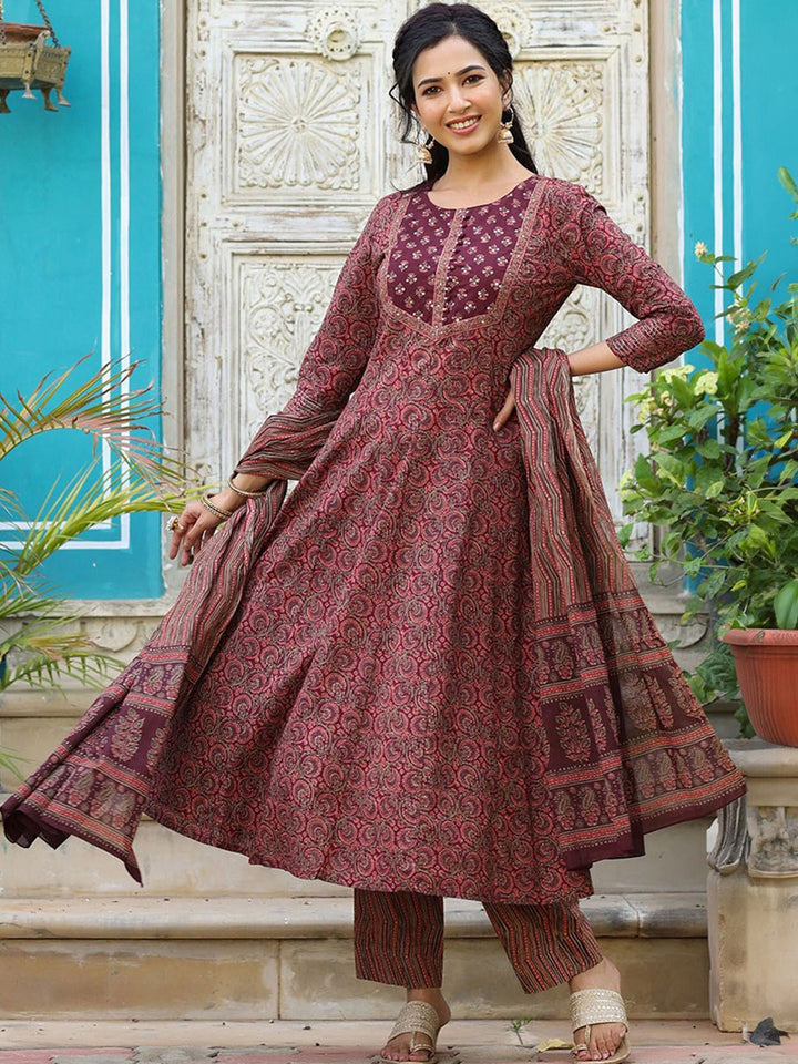 KALINI Ethnic Motifs Printed Empire Sequinned Kurta with Trousers & Dupatta