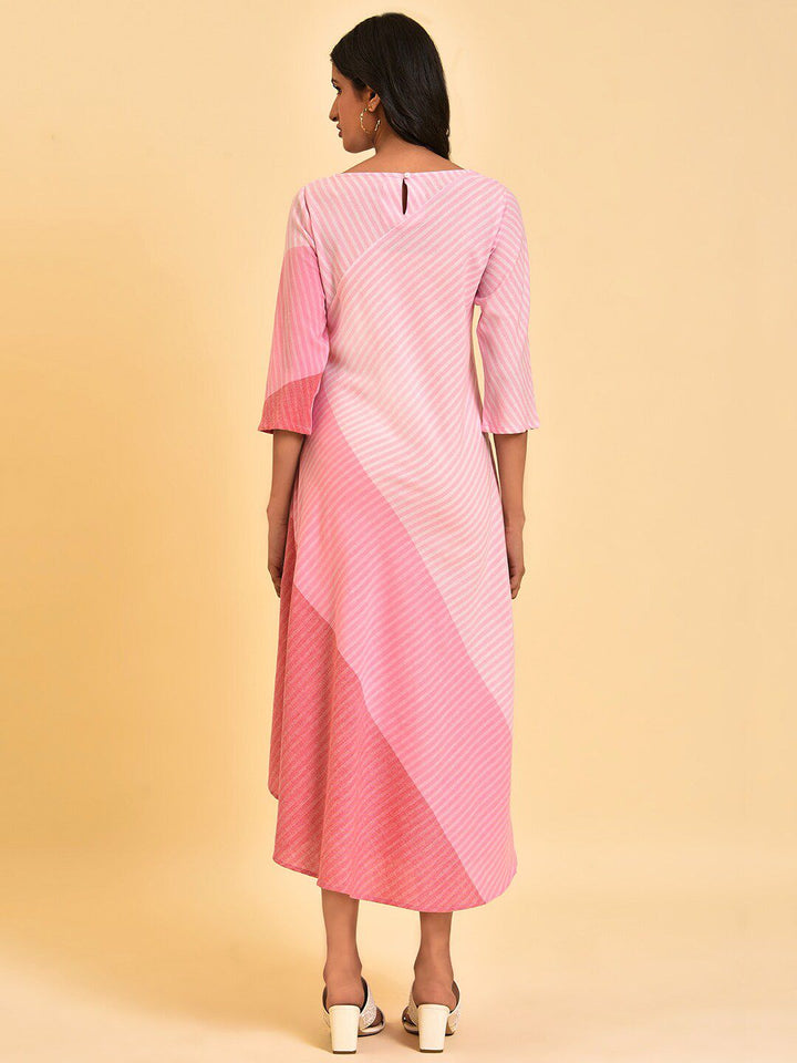 W Pink & Peach Coloured Colourblocked A Line Pure Cotton Midi Dress