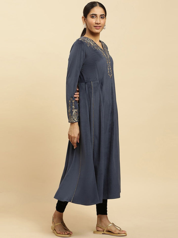 W Navy Blue Paisley Yoke Design Sequinned Anarkali Kurta