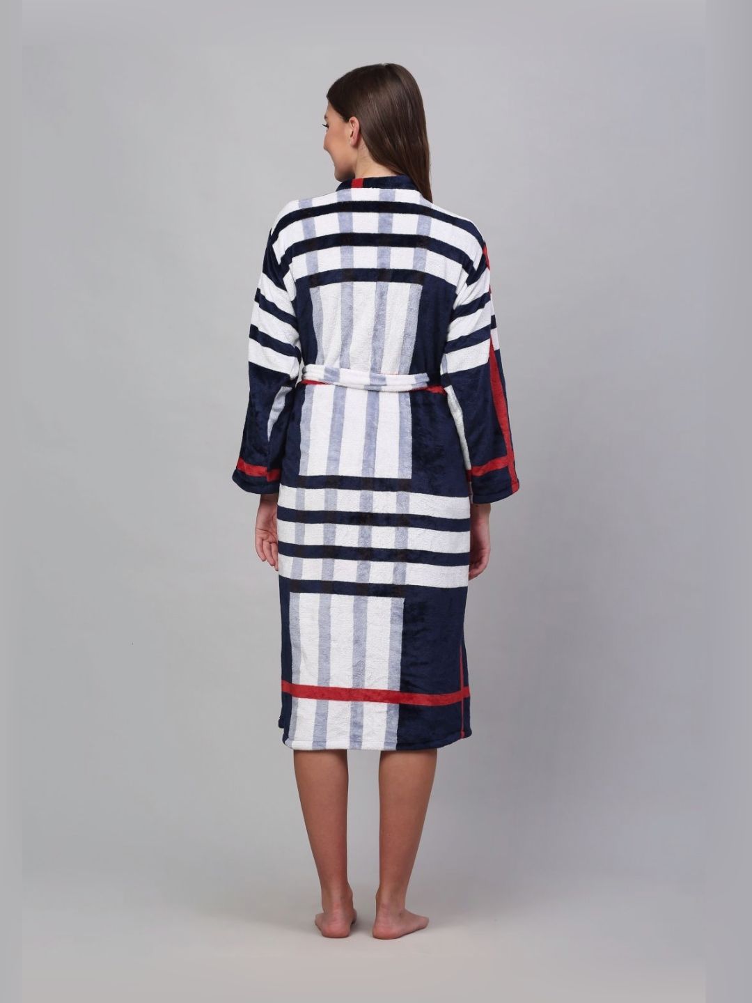 KLOTTHE Navy Blue & White Striped Bath Robe With Belt