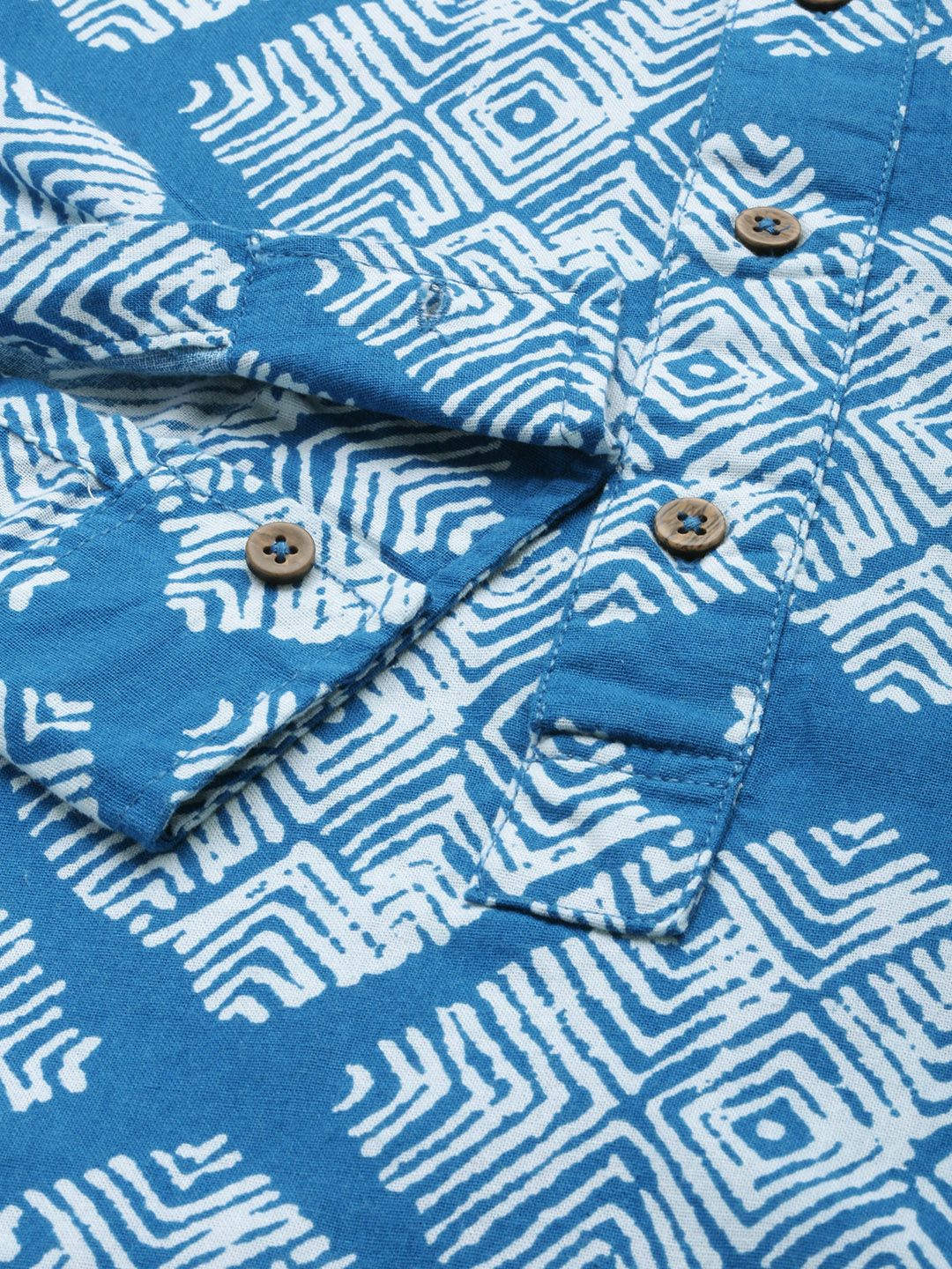 The Indian Garage Co Men Blue Printed Band Collar Cotton Casual Shirt