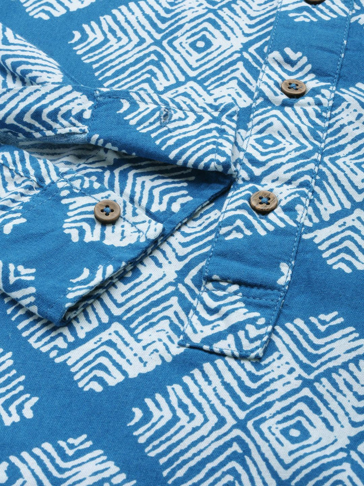 The Indian Garage Co Men Blue Printed Band Collar Cotton Casual Shirt