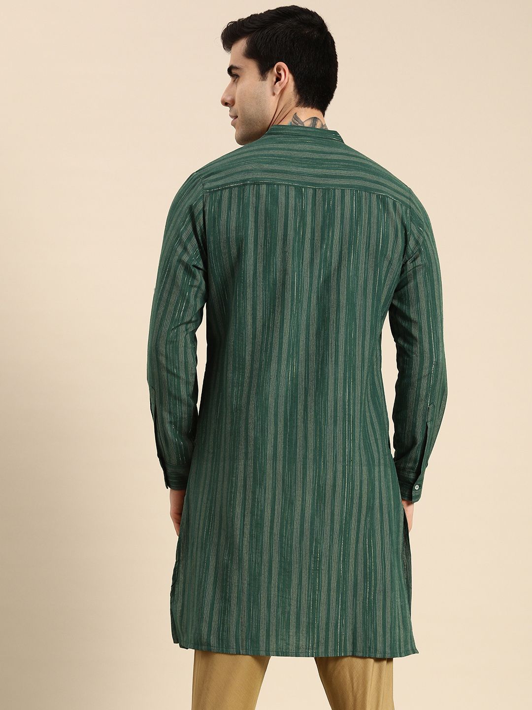Anouk Men Green & Gold-Toned Striped Mandarin-Collar Kurta
