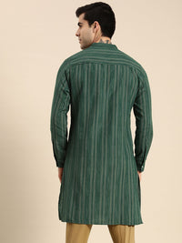 Anouk Men Green & Gold-Toned Striped Mandarin-Collar Kurta