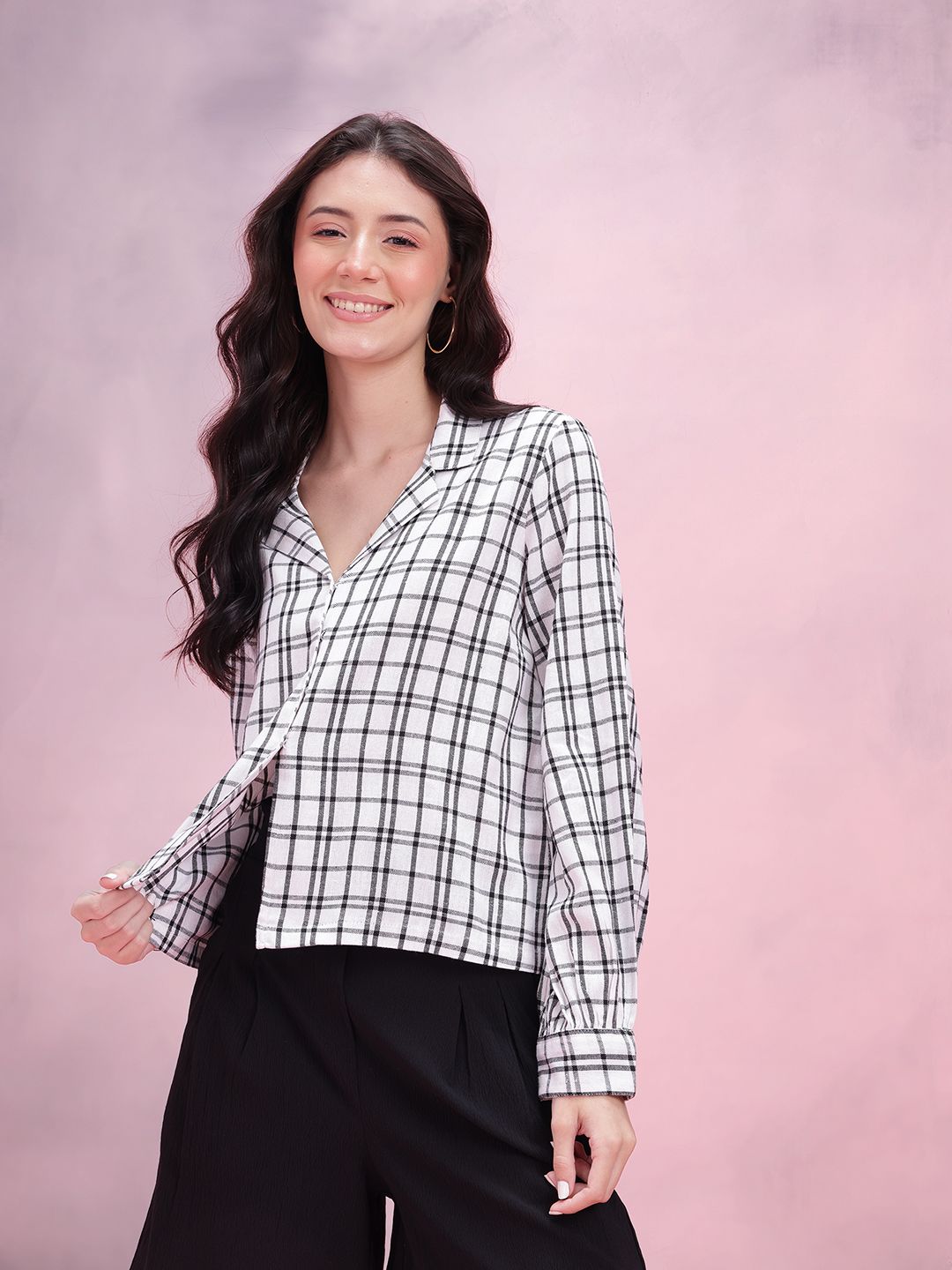DressBerry Lapel Collar Tartan Checks Casual Shirt