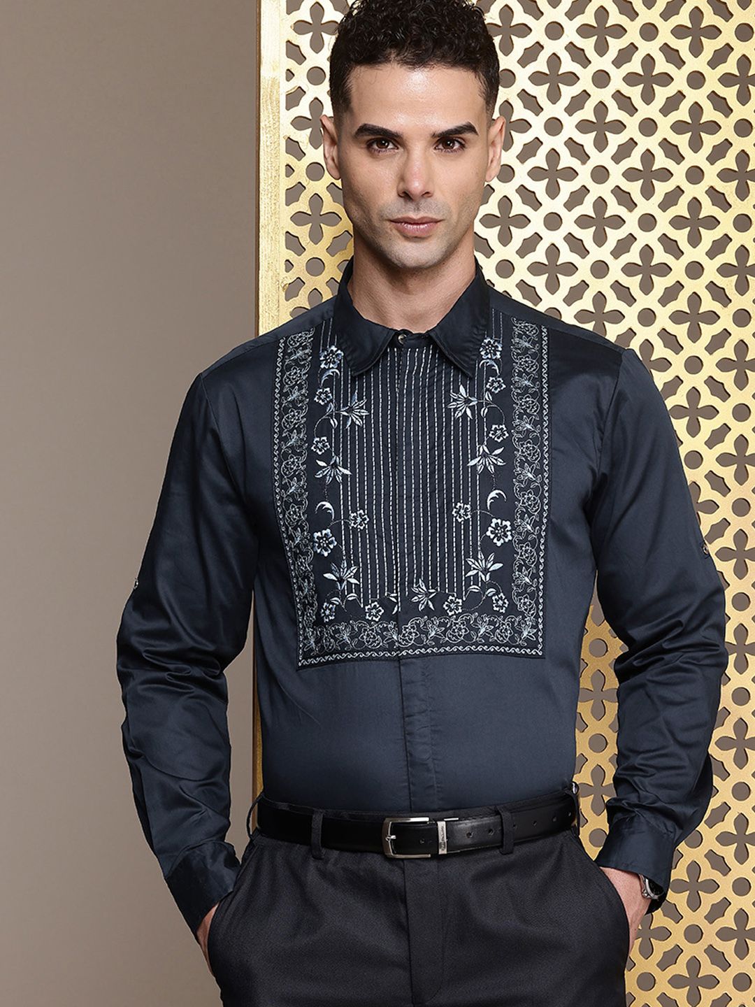House of Pataudi Floral Embroidered Roll-Up Sleeves Pure Cotton Party Rozana Shirt