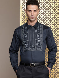 House of Pataudi Floral Embroidered Roll-Up Sleeves Pure Cotton Party Rozana Shirt