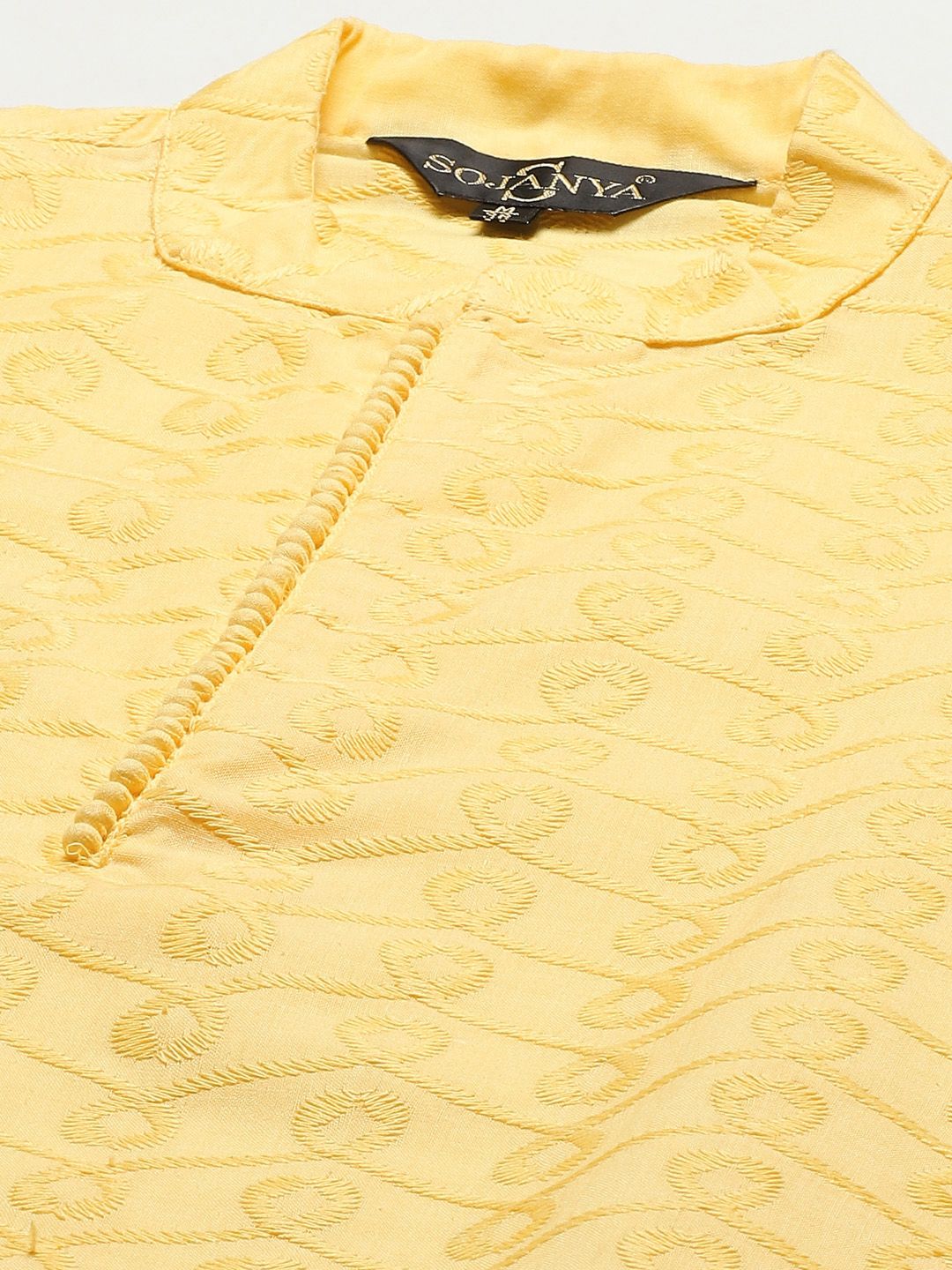 SOJANYA Men Yellow Chikankari Pure Cotton Kurta with Churidar & Nehru Jacket