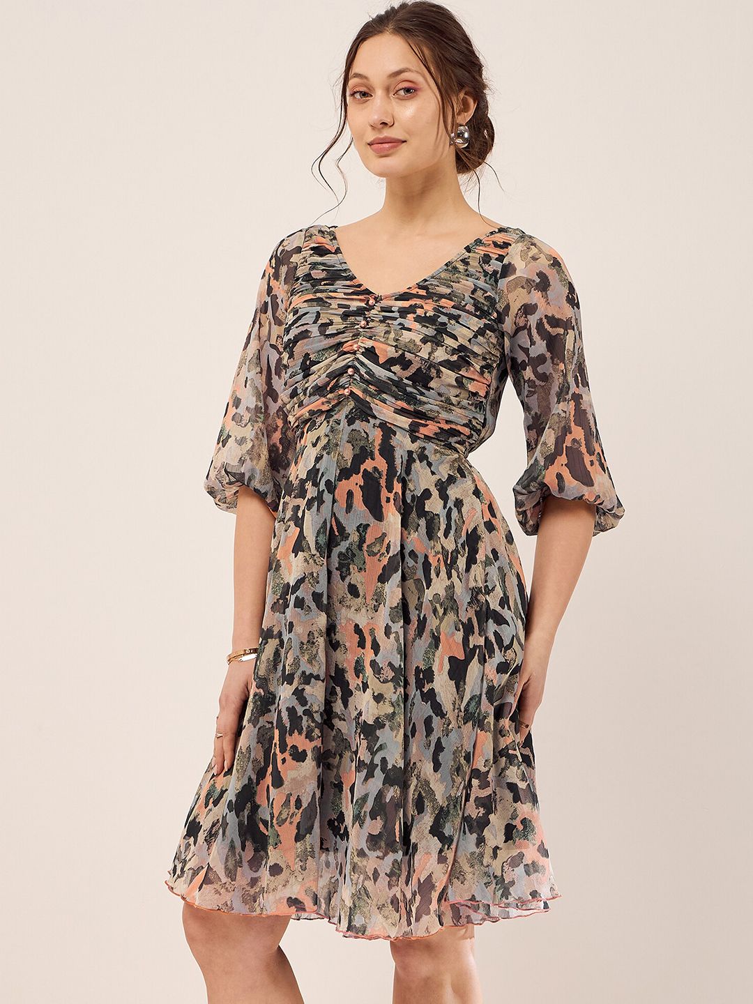 Antheaa Black Abstract Printed Puff Sleeves Gathered Fit & Flare Dress