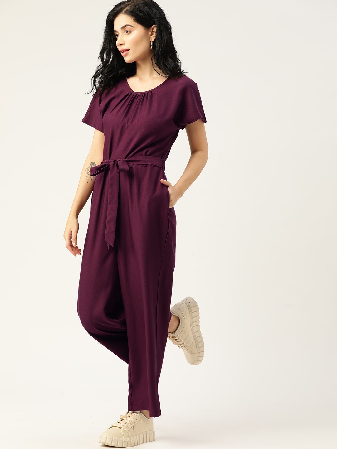 DressBerry Women Burgundy Solid Extended Sleeves Basic Jumpsuit