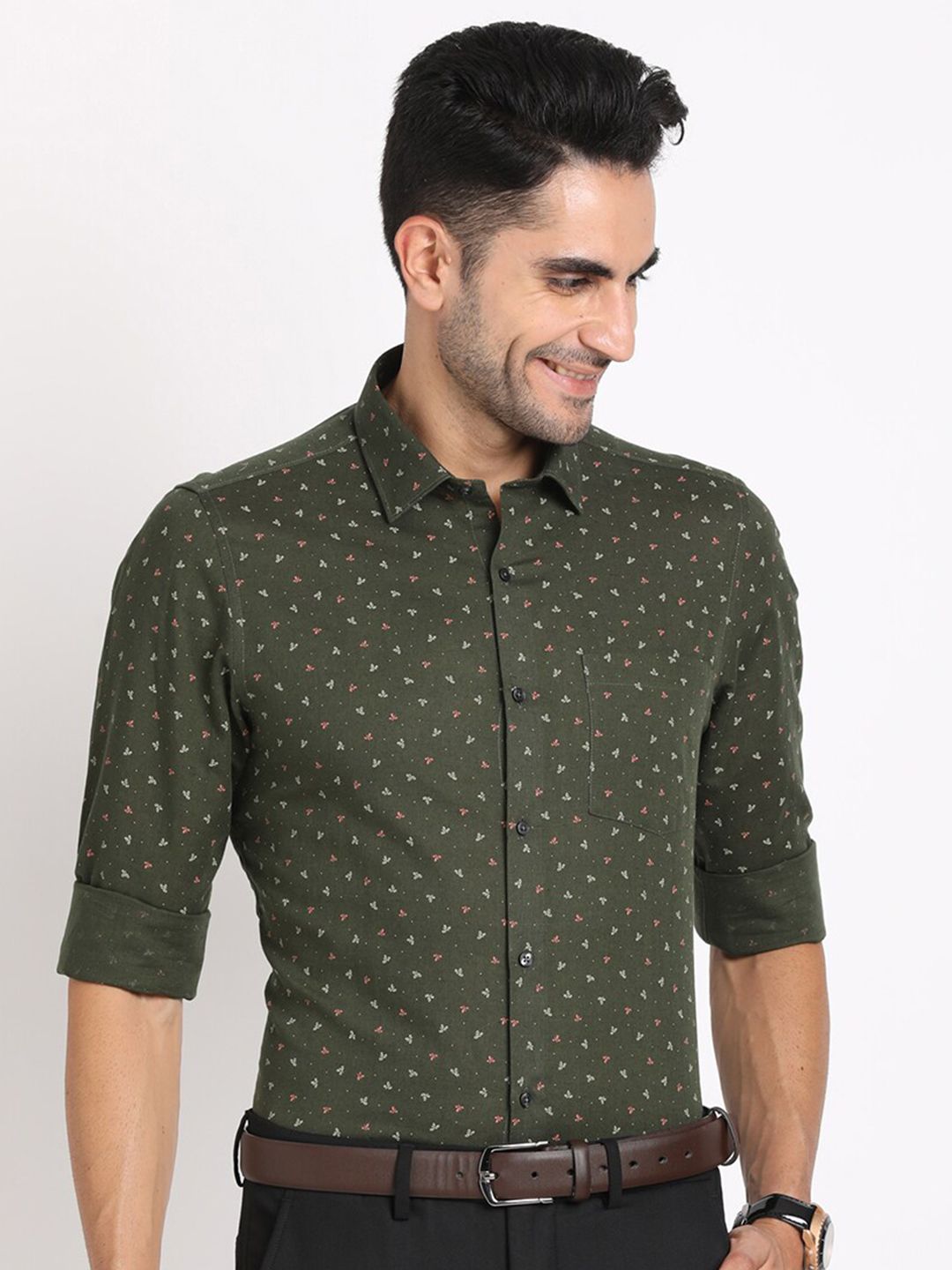 Turtle Smart Slim Fit Micro Disty Printed Cotton Linen Formal Shirt