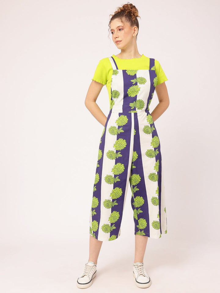 DressBerry Playful Yet Chic Stripe & Flower Printed Shoulder Straps Capri Jumpsuit