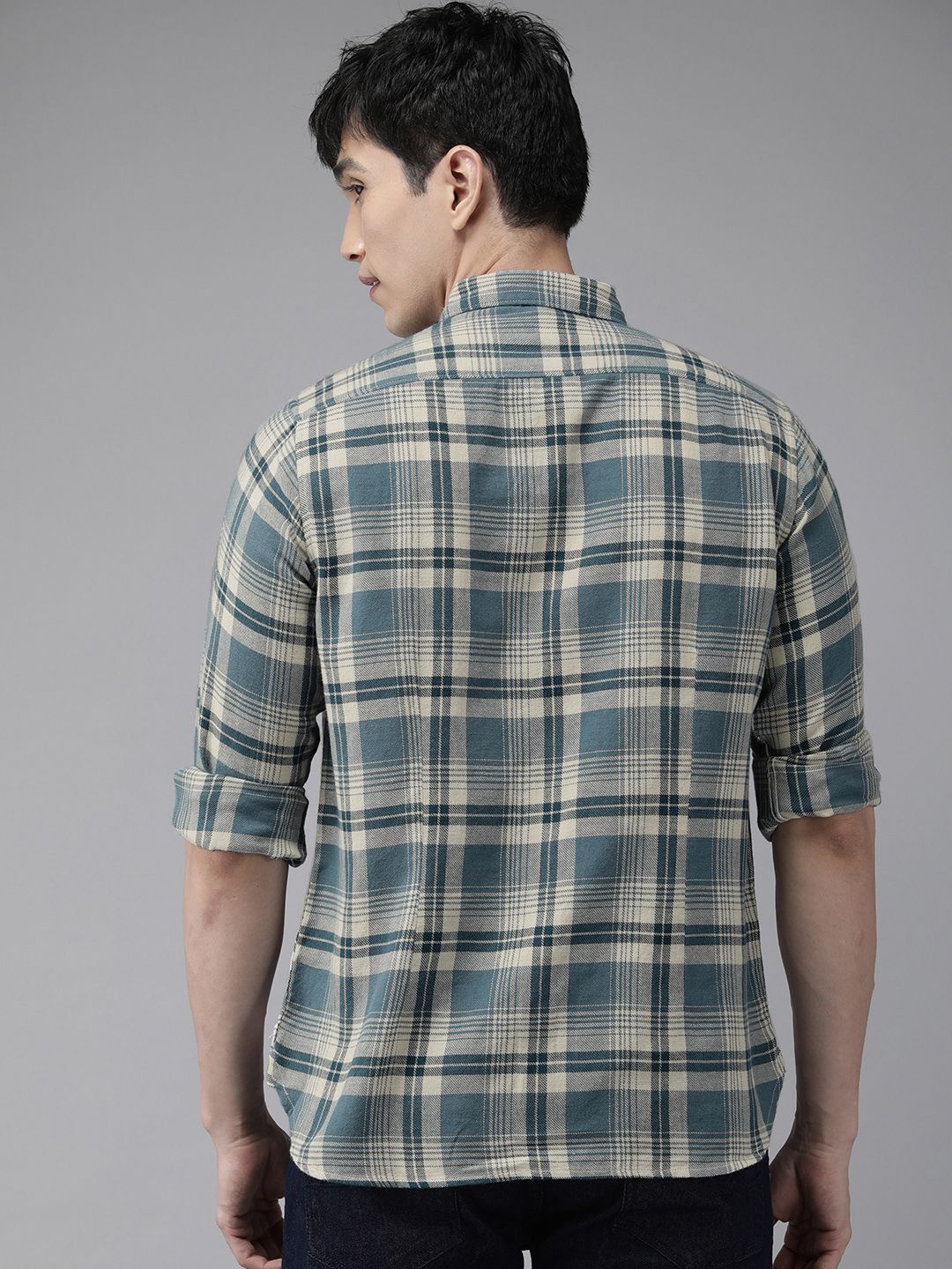 THE BEAR HOUSE Men Blue Slim Fit Tartan Checked Cotton Casual Shirt