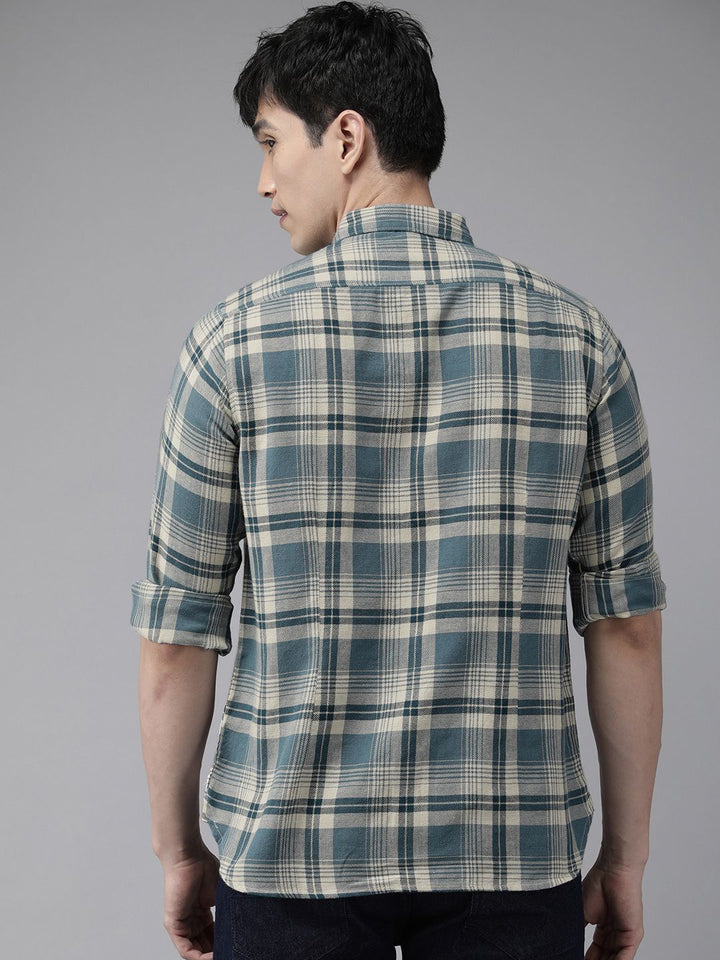 THE BEAR HOUSE Men Blue Slim Fit Tartan Checked Cotton Casual Shirt