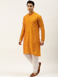 SOJANYA Men Orange Ethnic Motifs Kurta with Churidar & Nehru Jacket