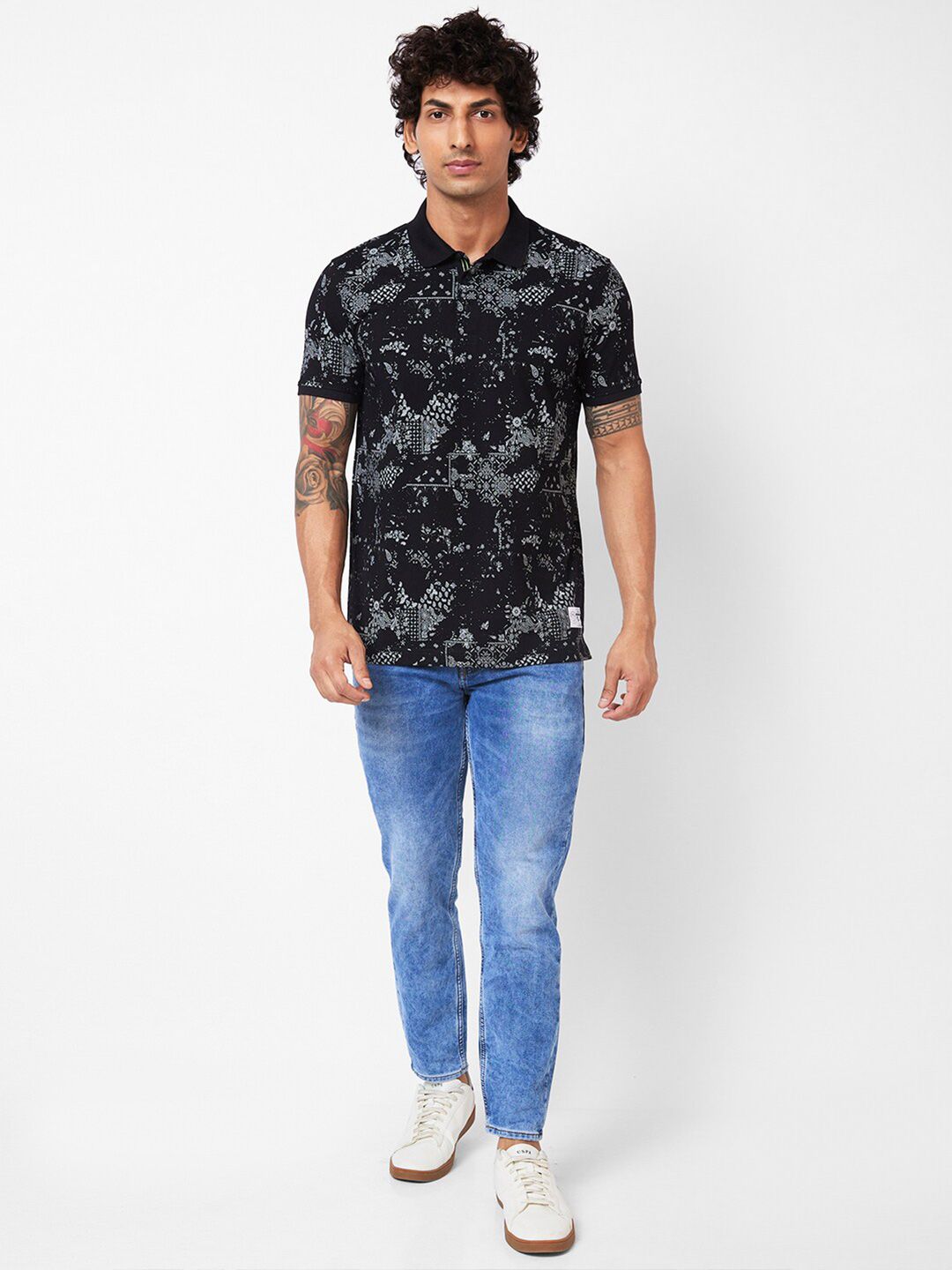 SPYKAR Abstract Printed Polo Collar Slim Fit T-shirt