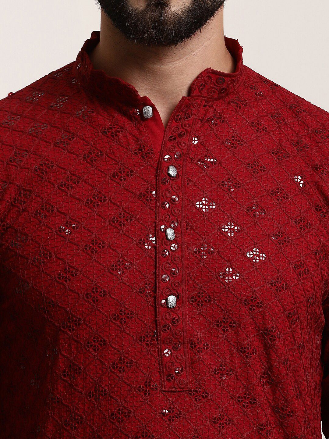 SOJANYA Geometric Embroidered Mandarin Collar Sequined Pure Cotton Straight Kurta