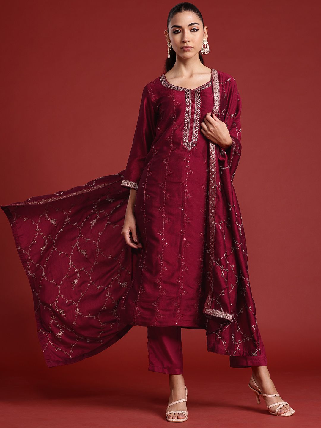 Indo Era Floral Embroidered Zari Kurta With Trousers & Dupatta