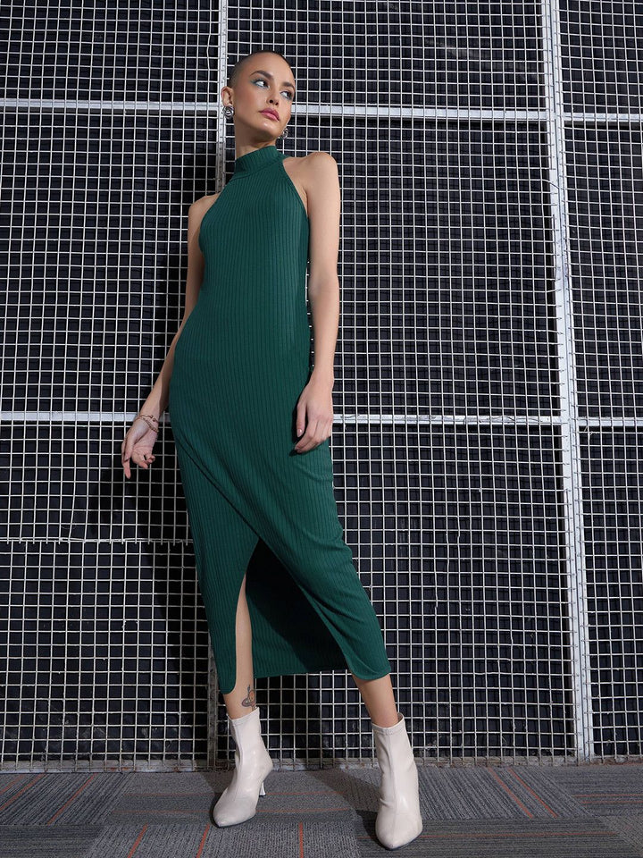 SASSAFRAS Green High Neck Sheath Midi Dress