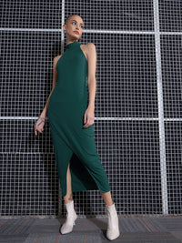 SASSAFRAS Green High Neck Sheath Midi Dress