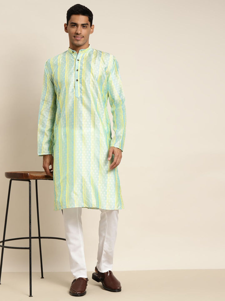 SOJANYA Kurta Motif Etnik Hijau & Kuning Lelaki