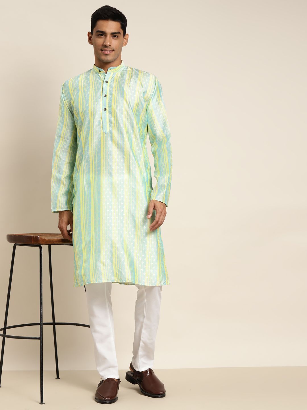 SOJANYA Kurta Motif Etnik Hijau & Kuning Lelaki