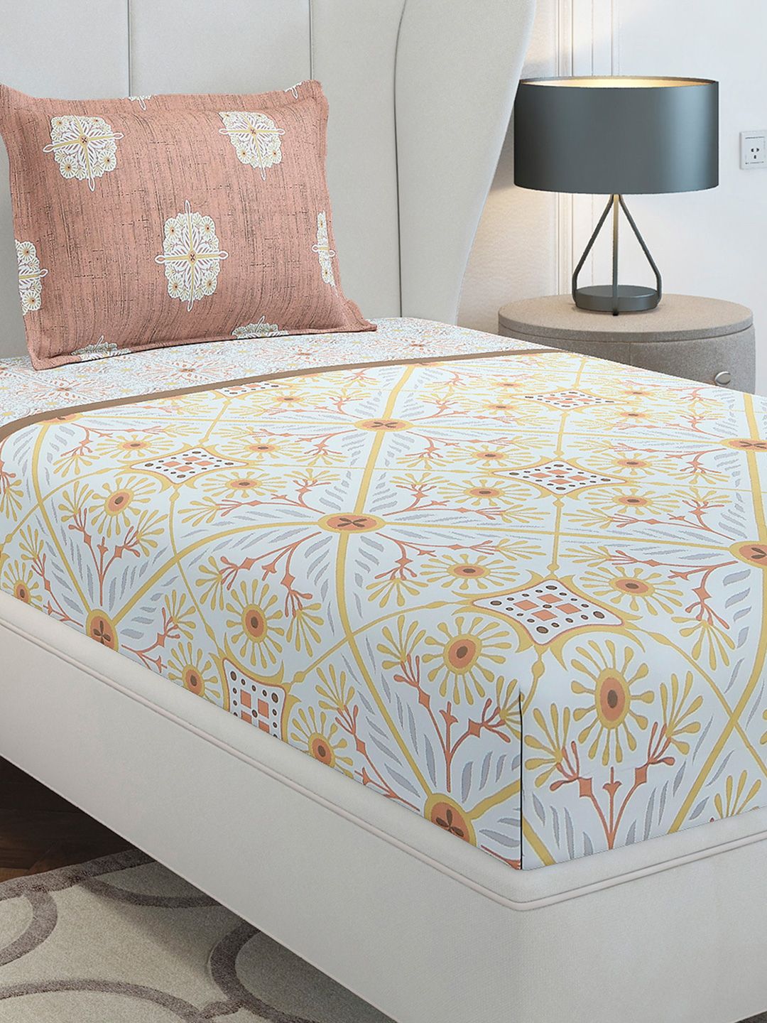 Monte Carlo Beige & Yellow Ethnic Motifs Cotton 144 TC Single Bedsheet Set-2.29 m x 1.52 m