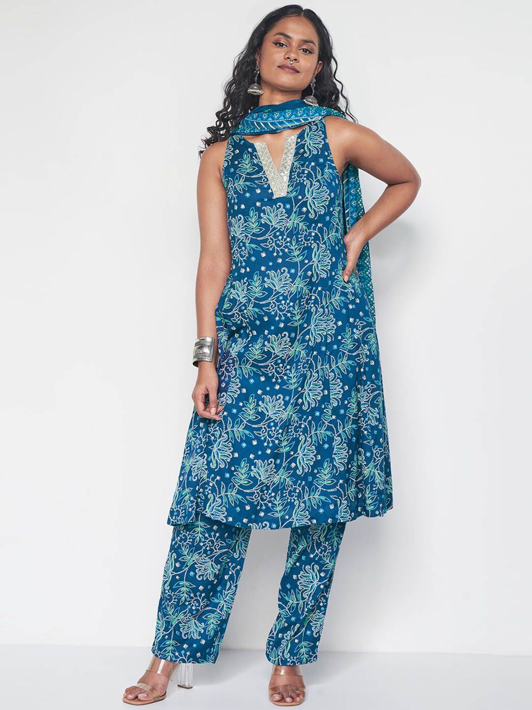 Global Desi V-Neck Floral Printed A-Line Kurta with Trouser & Dupatta