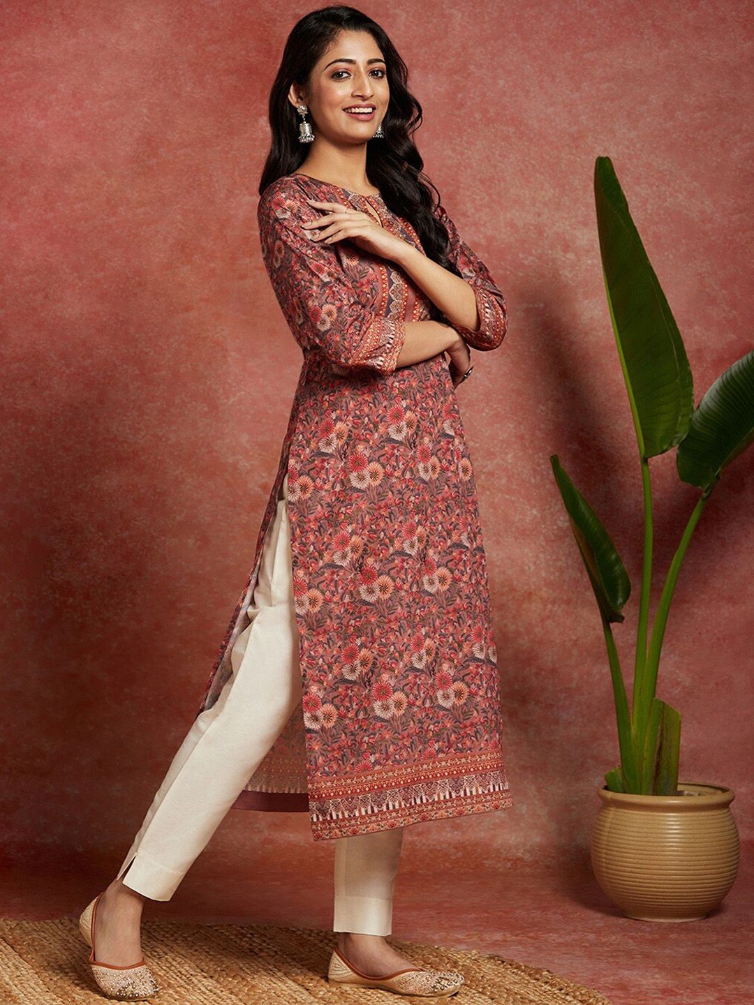 Libas Floral Printed Keyhole Neck Straight Kurta