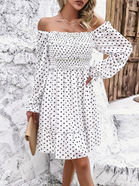 all about you White Polka Dot Printed Square Neck Puff Sleeve Smocked Fit & Flare Dress