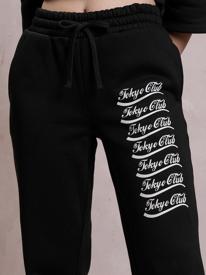 Tokyo Talkies Black Typography Printed Relaxed Fit Hooded Sweatshirt & Trouser
