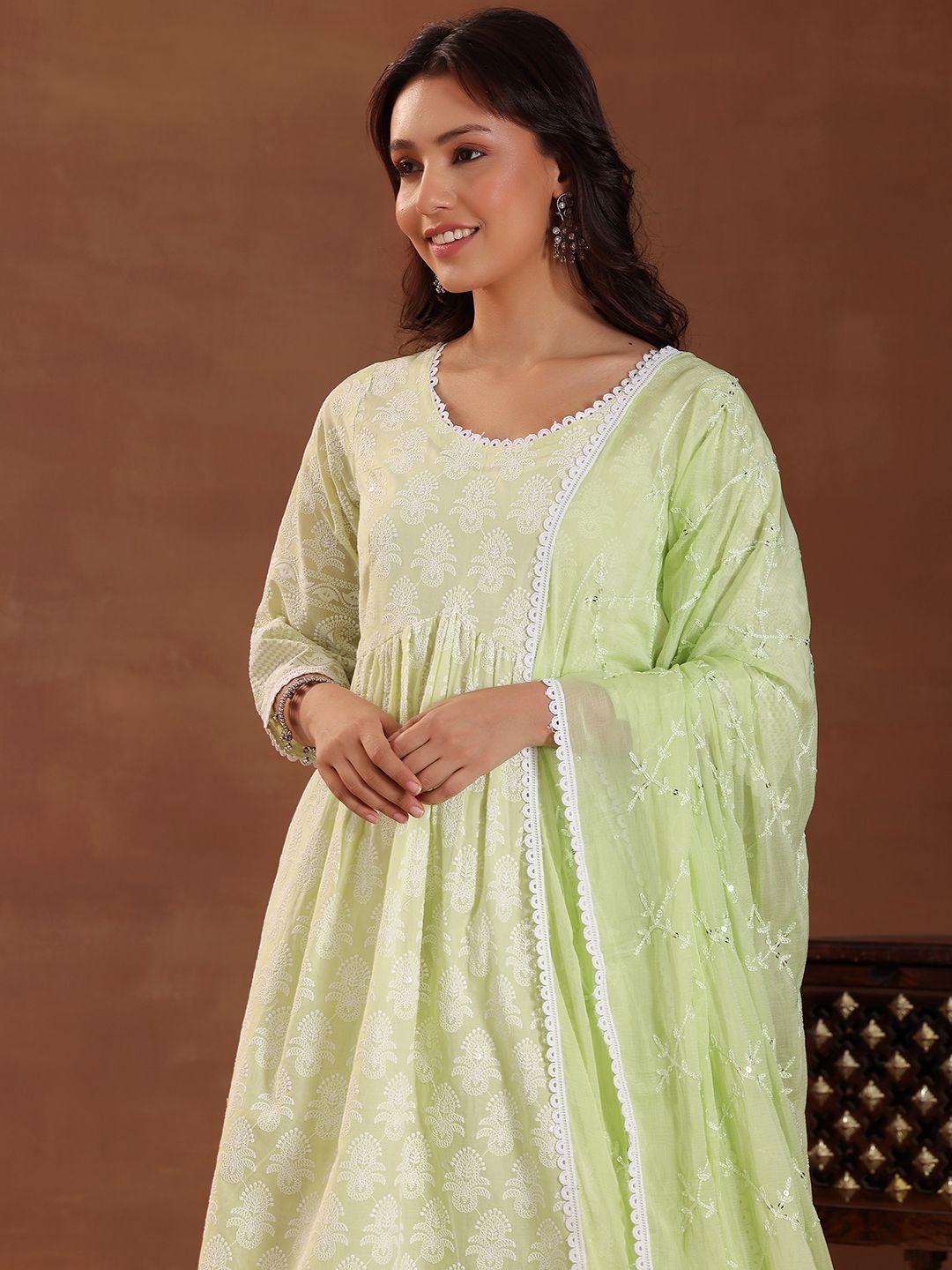 Libas Floral Embroidered Thread Work Pure Cotton A-Line Kurta Set