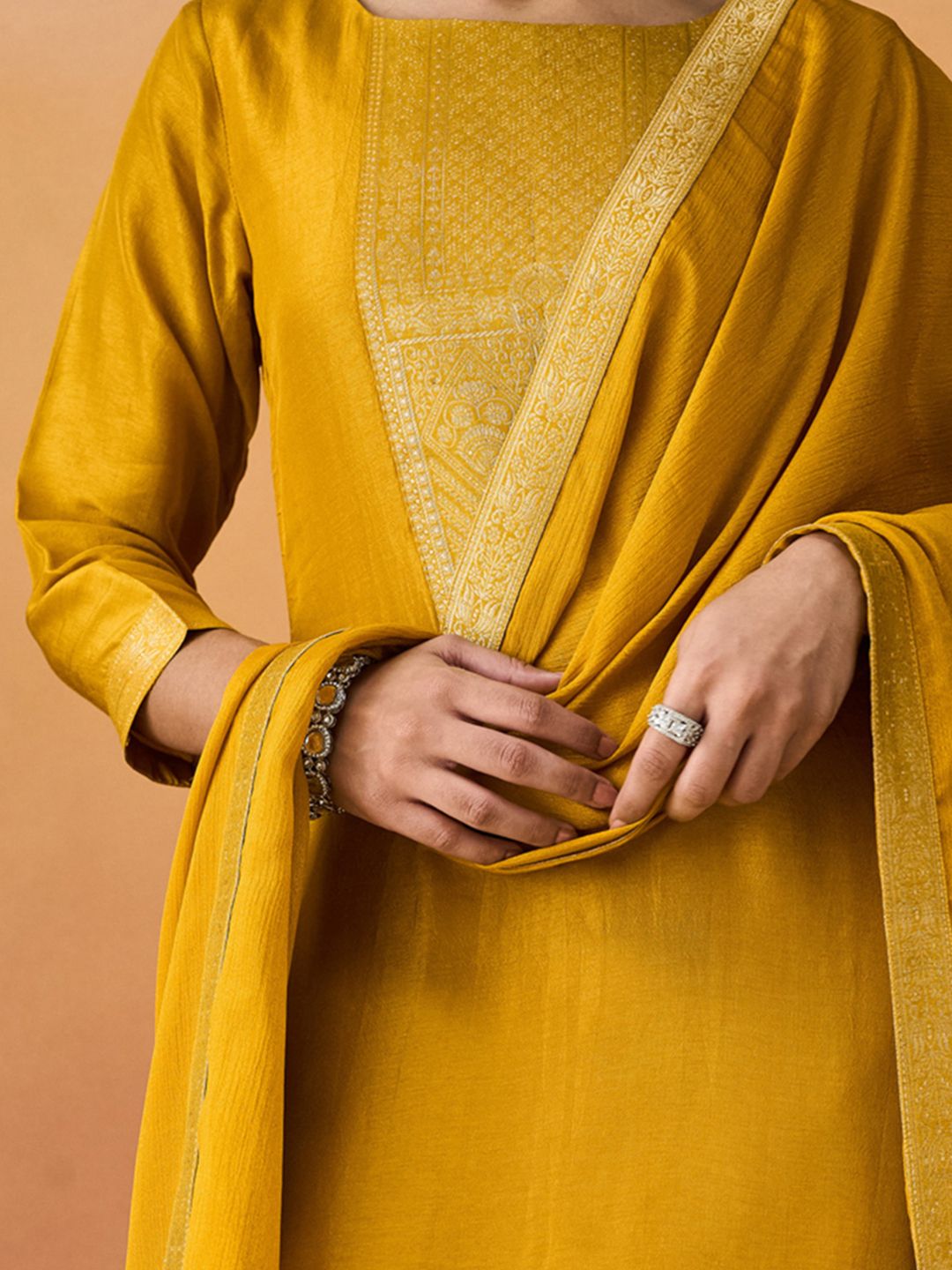 KALINI Ethnic Motifs Patch Work Straight Kurta With Trouser And Dupatta