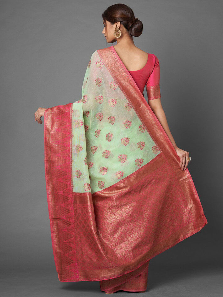 Saree mall Green & Pink Woven Design Linen Blend Saree
