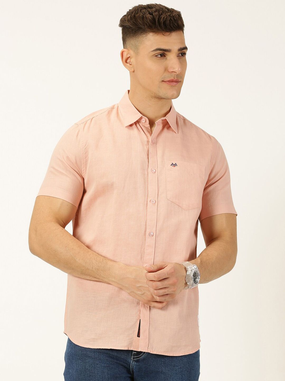 Thomas Scott Classic Cotton Linen Slim Fit Short Sleeves Casual Shirt