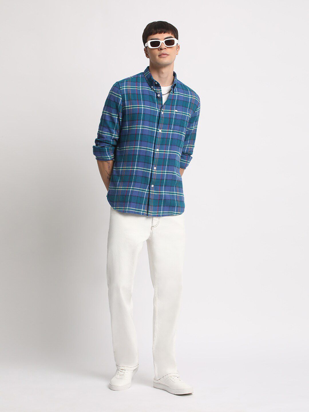THE BEAR HOUSE Tartan Checked Slim Fit Pure Cotton Casual Shirt