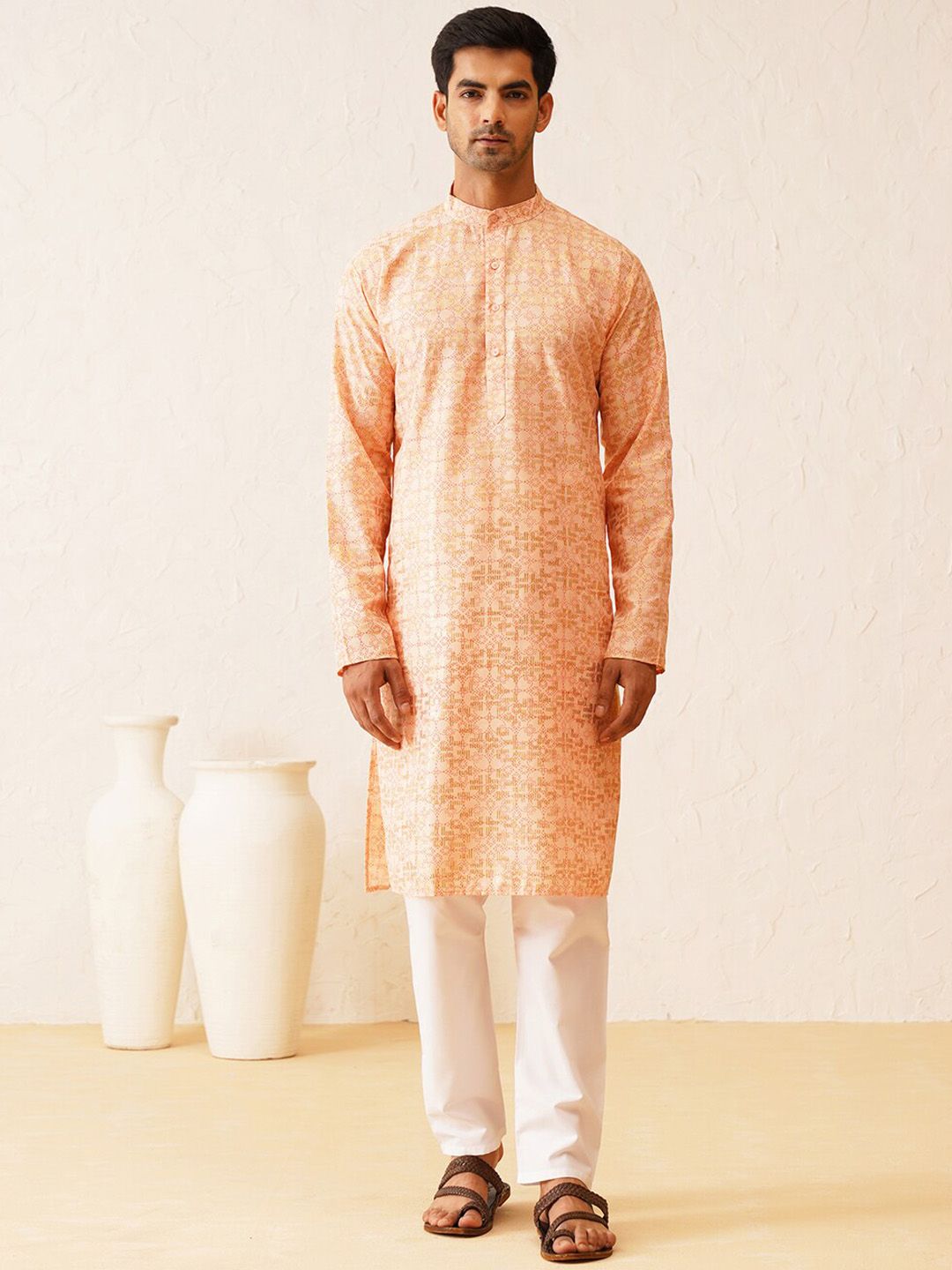 SOJANYA Ethnic Motifs Printed Mandarin Collar Long Sleeves Pure Cotton Straight Kurta