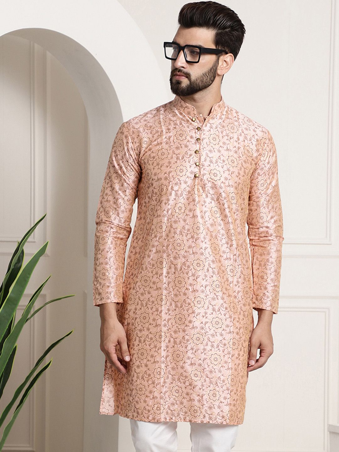 SOJANYA Floral Printed Kolar Mandarin Lengan Panjang Kurta Lurus