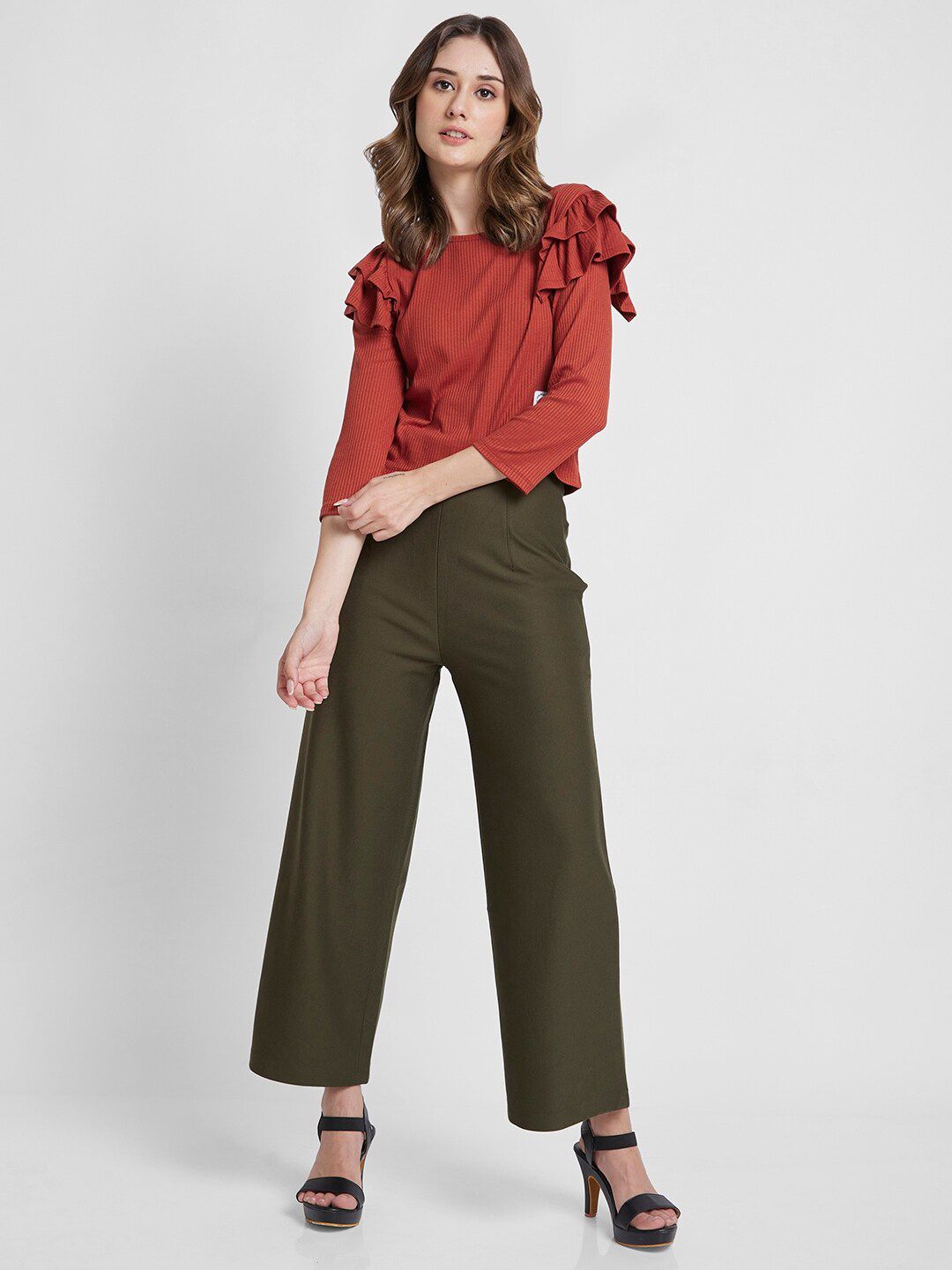 SPYKAR Self Design Boat Neck Ruffles Detail Cotton Top