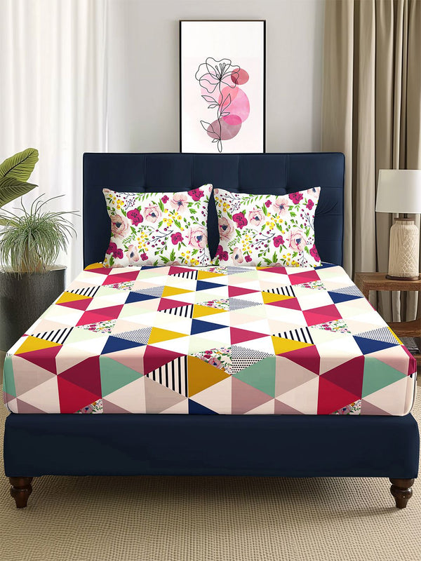 Story@home  Arena Pink & Green Geometric Printed 180 TC Queen Bedsheet & 2 Pillow Covers