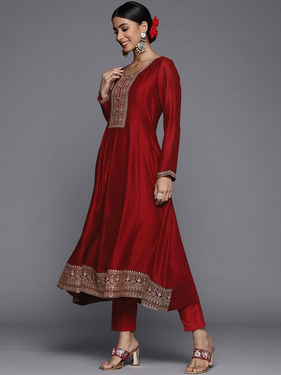 Libas Women Maroon Floral Embroidered Sequinned Kurta with Trousers & Dupatta