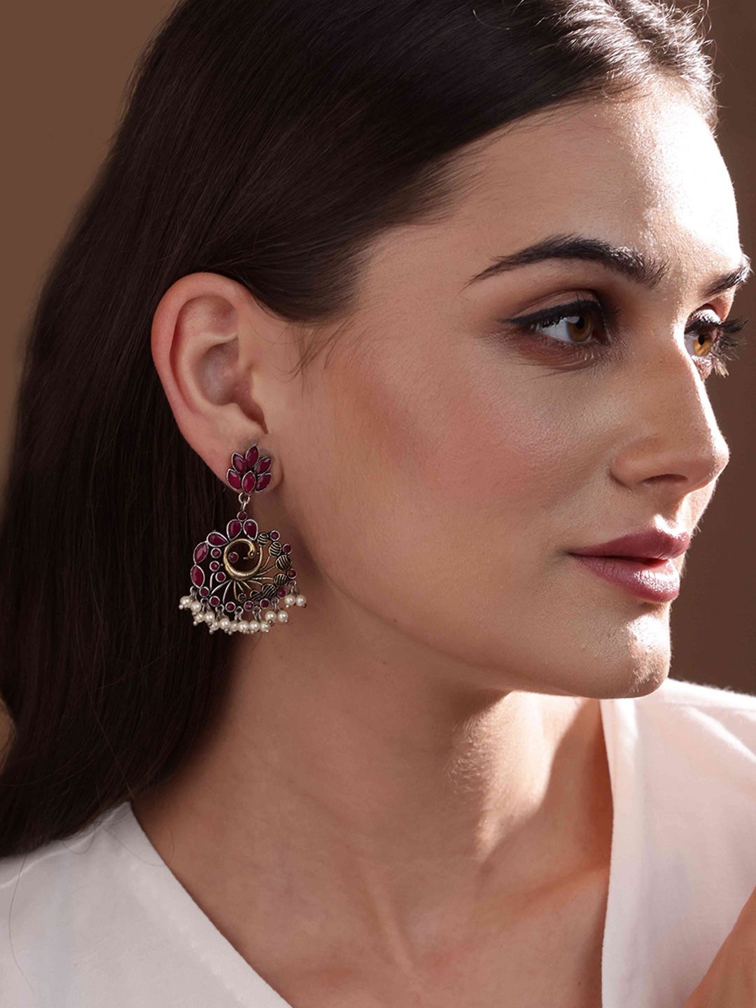 Anouk Gold-Plated Stone Studded & Beaded Peacock Shaped Drop Earrings
